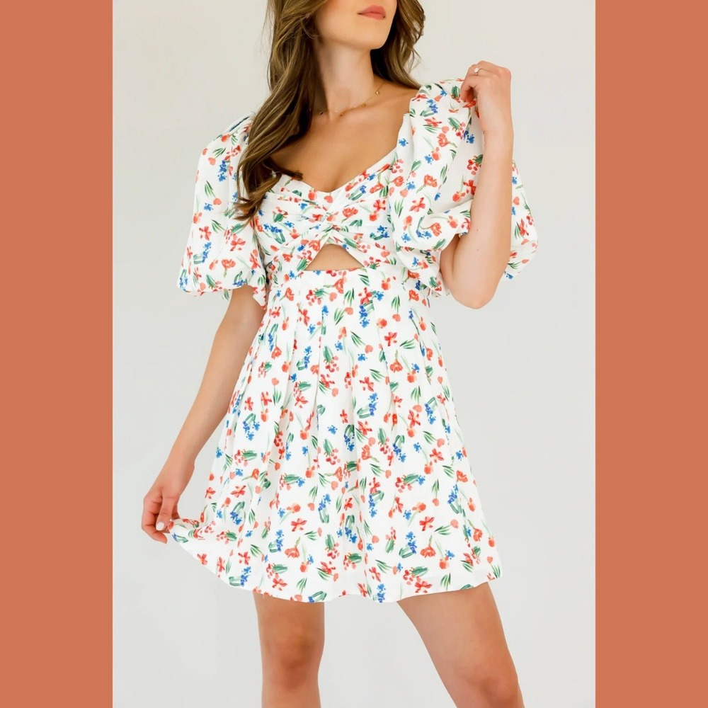 ASTR The Label Serilda Medium Mini Dress Linen Floral Puff Sleeve Smocked Cutout